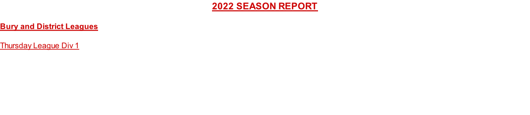 2022 SEASON REPORT  Bury and District Leagues  Thursday League Div 1